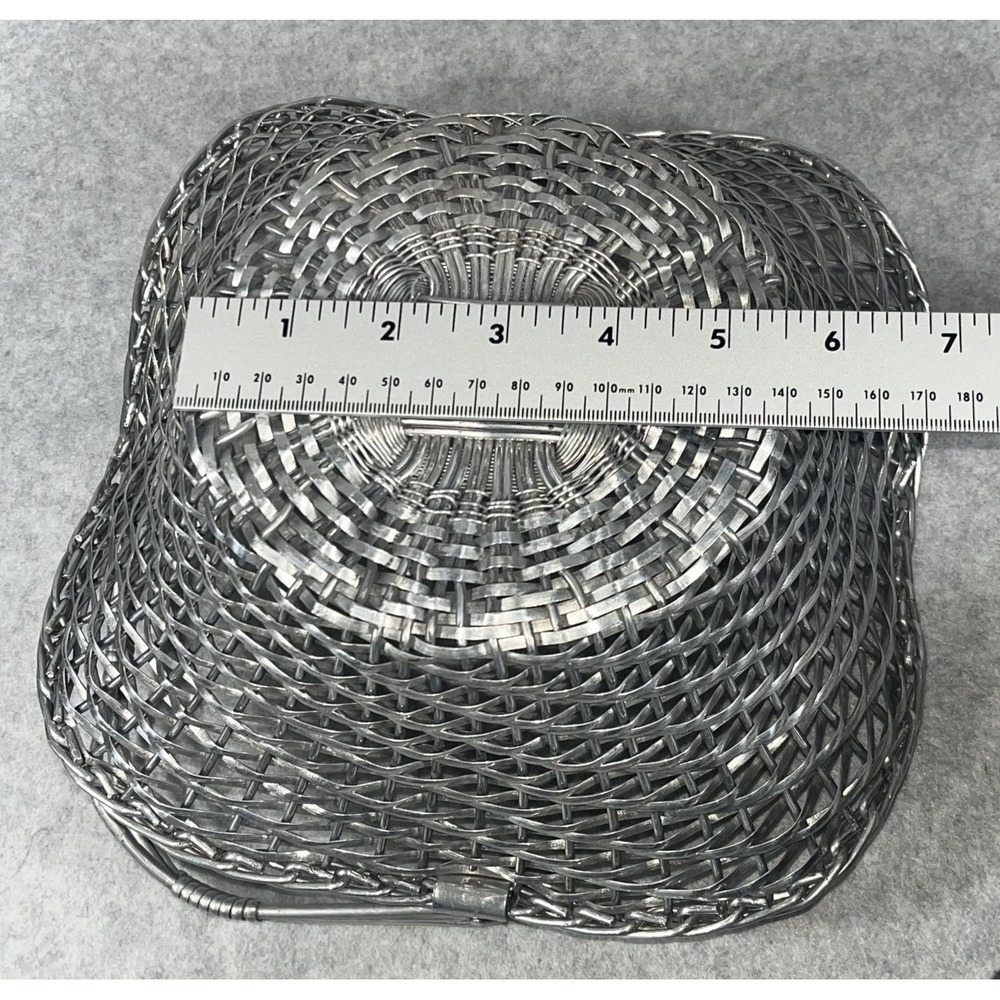 VTG Silver Tone Metal Woven Wire Basket With Fold Down Handle Decor Centerpiece - Picture 14 of 14